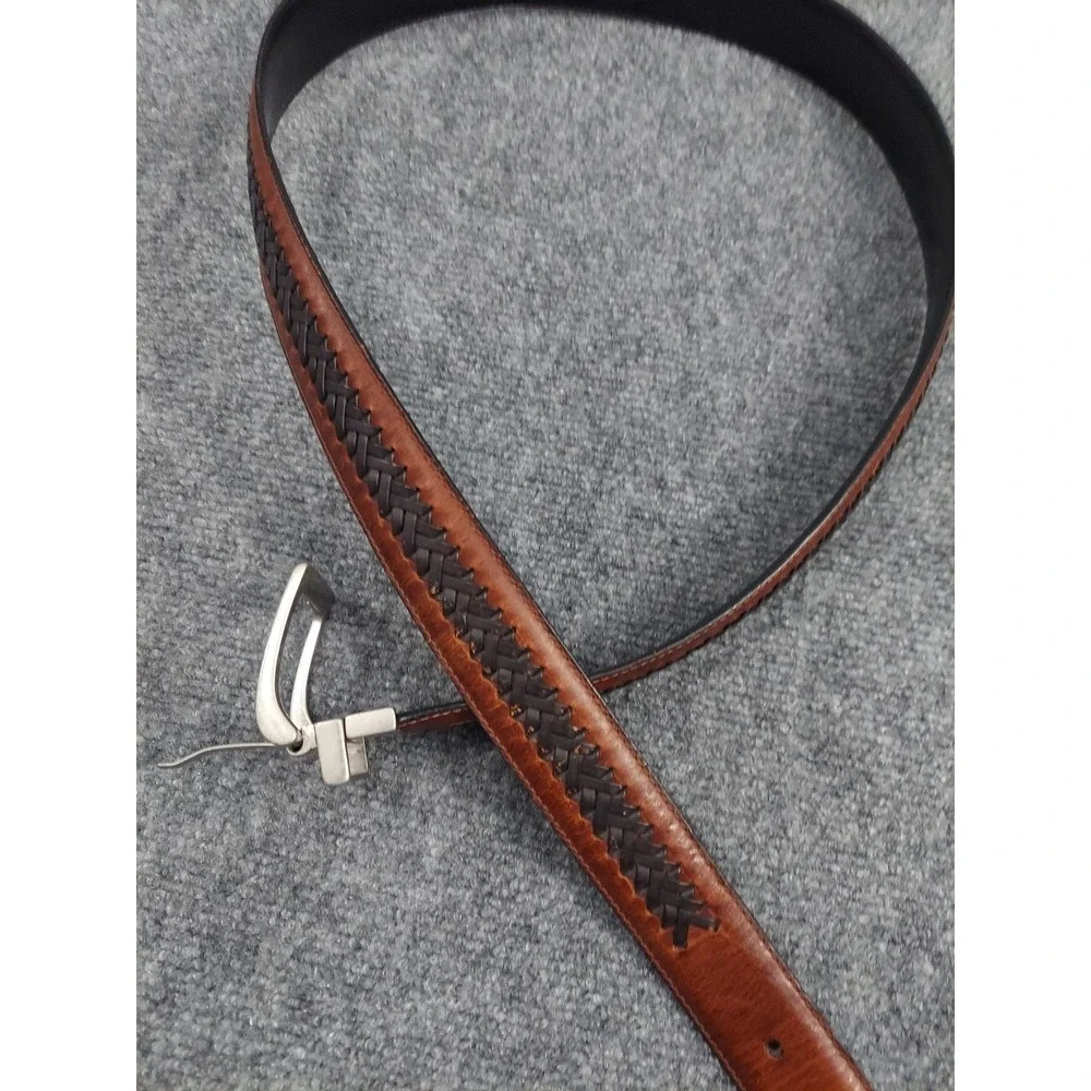 Columbia Belt Mens 46 Brown Black Braided‎ Reversible Leather silver buckle